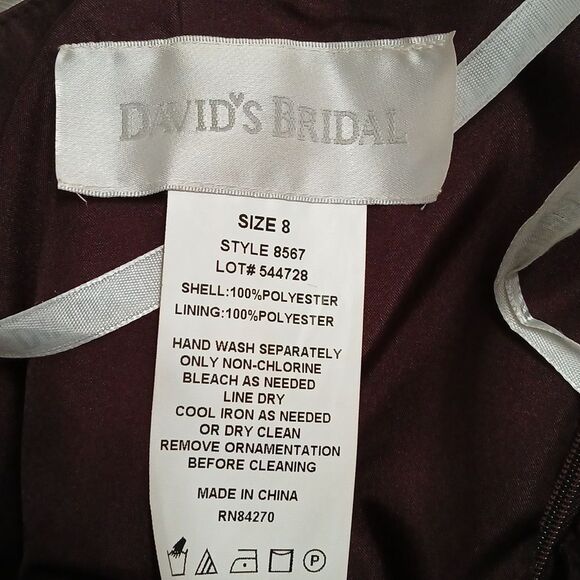 David's Bridal Brown Satin Gown with Side Drape and Brooch Sz 8 Style 8567 EUC - Picture 10 of 12